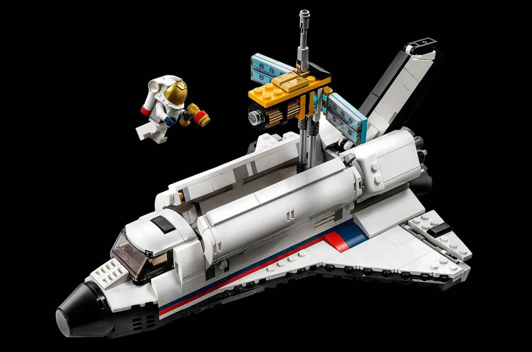 LEGO Space shuttle, astronaut minifigure, outerspace