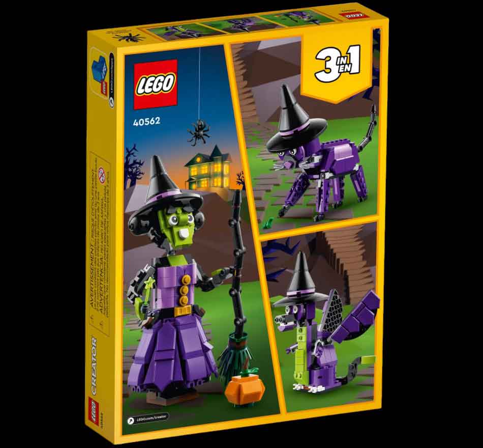 LEGO 3 in 1 set Mystic Witch, witch with purple dress, broom, pumpkin,cat,  front of box