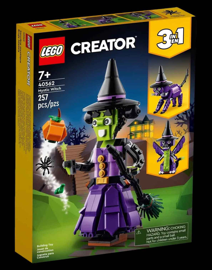 LEGO 3 in 1 set Mystic Witch, witch with purple dress, broom, pumpkin, front of box