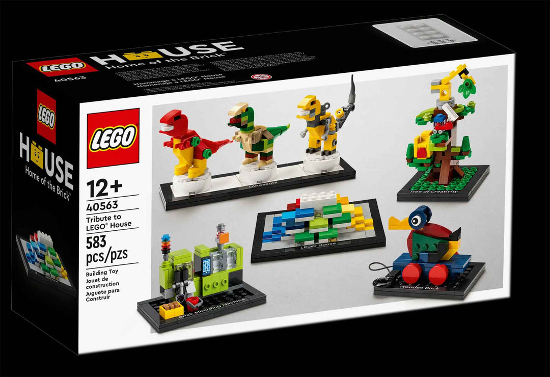 LEGO Tribute to LEGO house home of the brick box, toy duck, dinosaur, tree, front of box