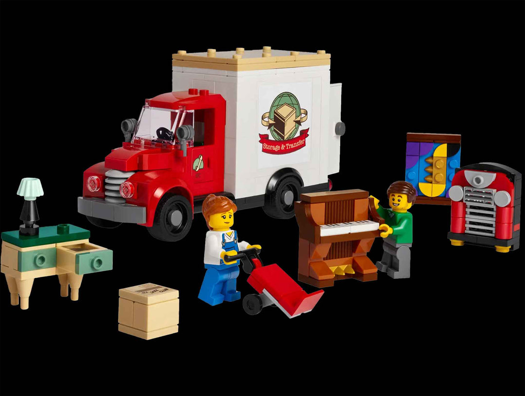 LEGO Icons Moving Truck, lego minifigures, piano, dolley, moving truck, household items 