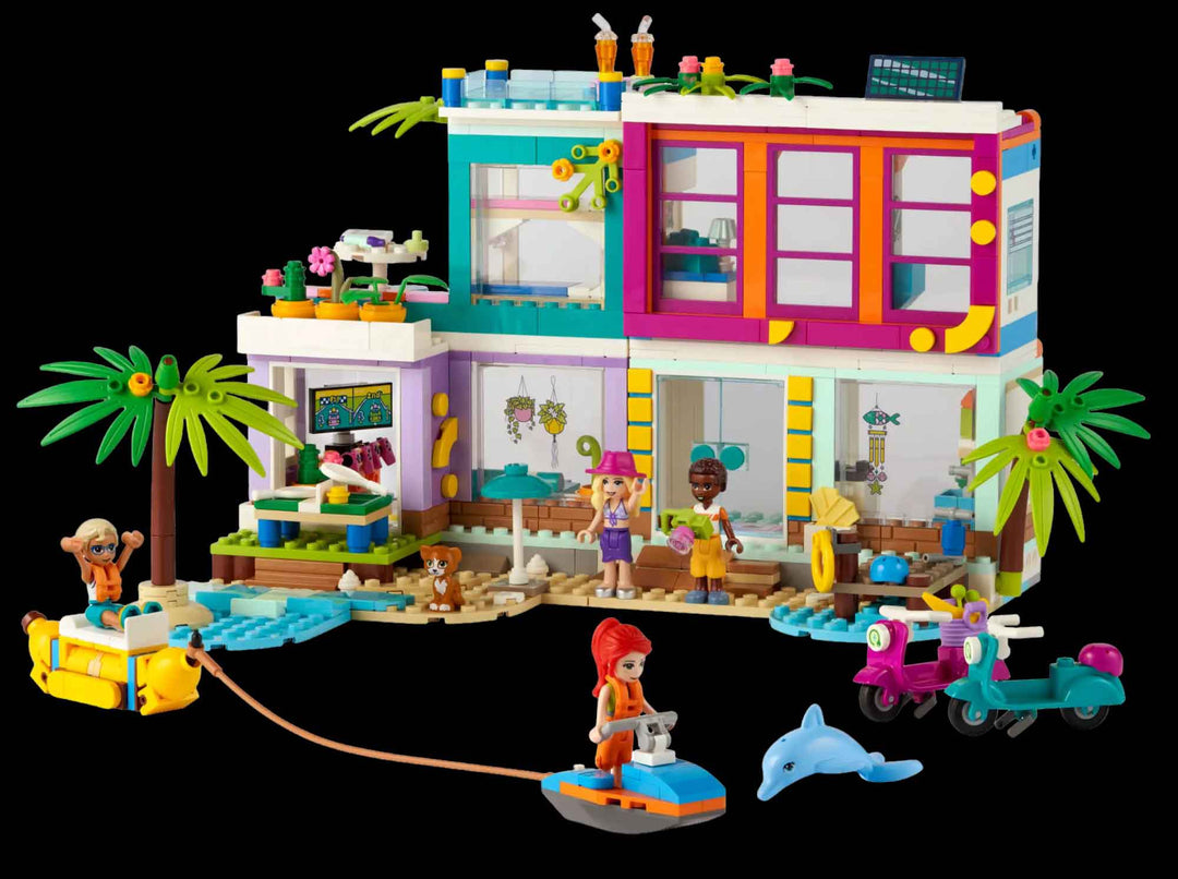 LEGO Friends vacation beach house set, palm trees, minifigures, dolphin, jet ski