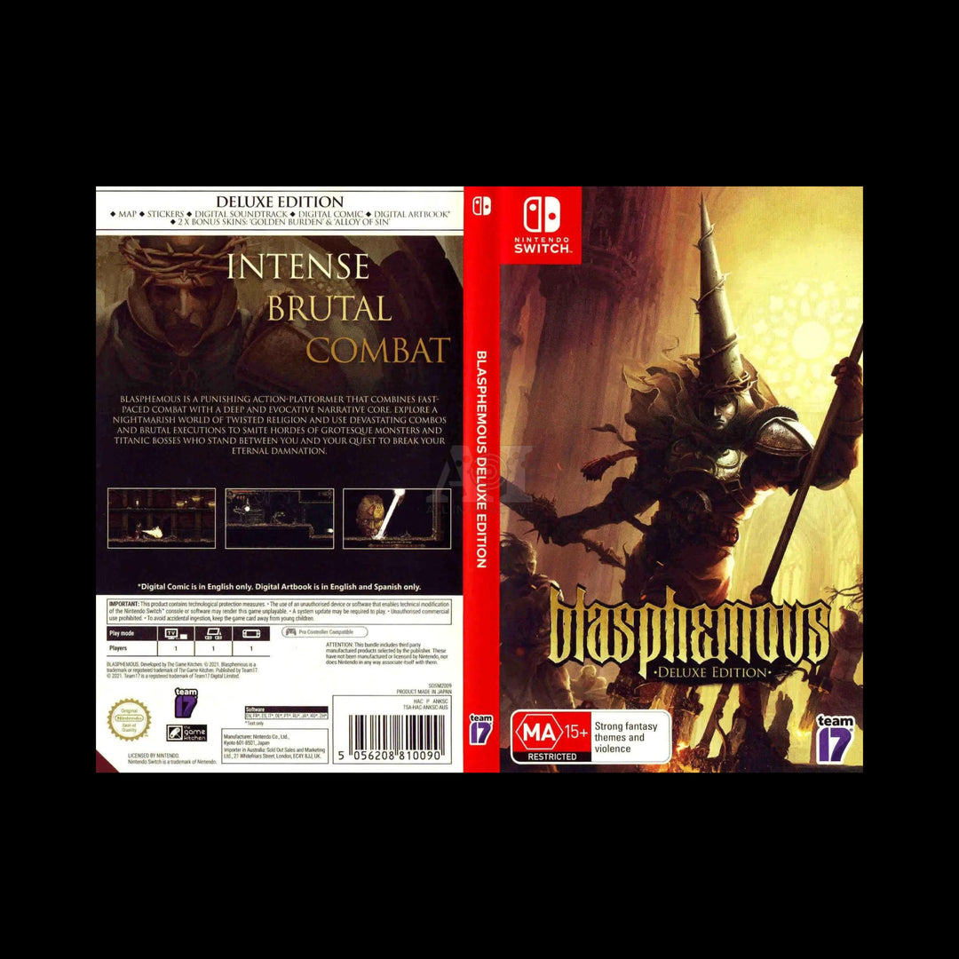 Back and front view of nintendo game Blasphemous Deluxe Edition (NSW) 