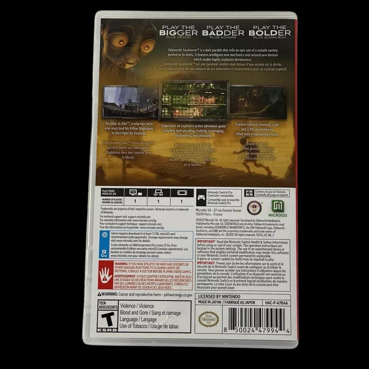 Back side of the case of Oddworld: Soulstorm - Oddtimized Edition (NSW)