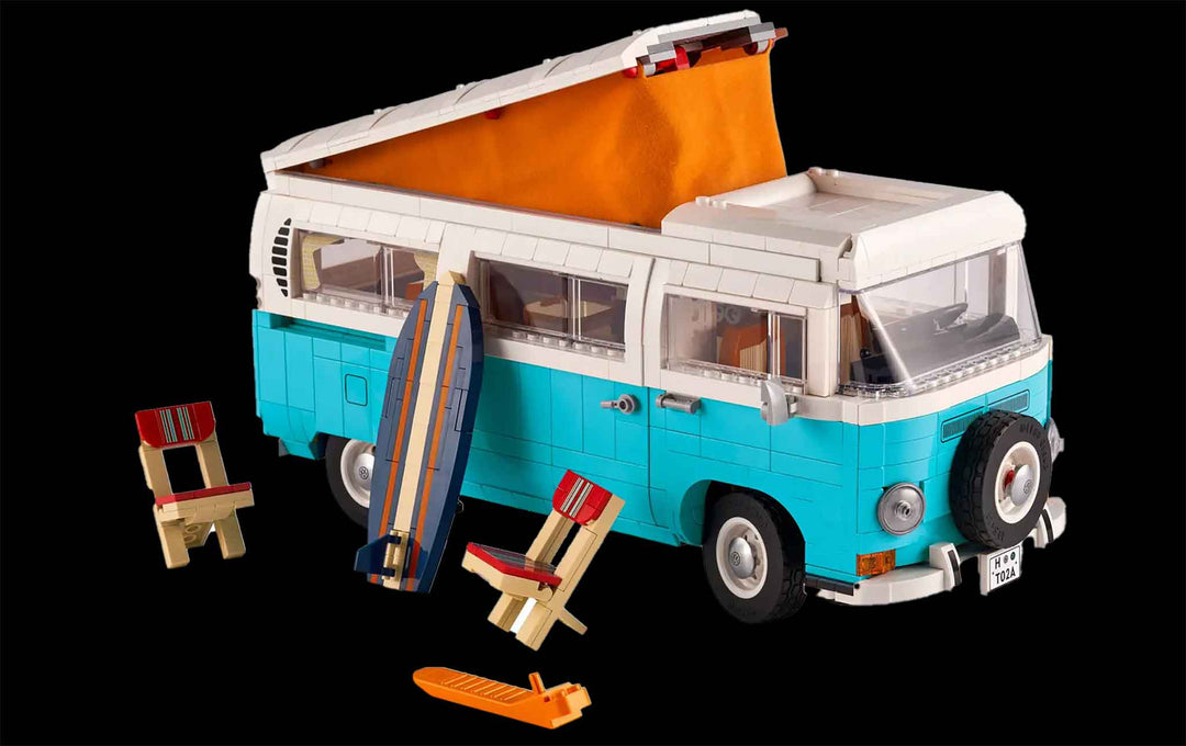 LEGO Blue VW Volkswagen pop-up campervan with beach chairs and surf board