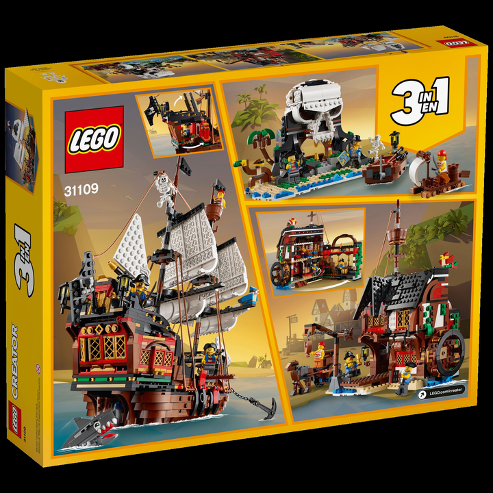 LEGO Creator 3-in-1 Pirate Ship 31109 — back of box on black background