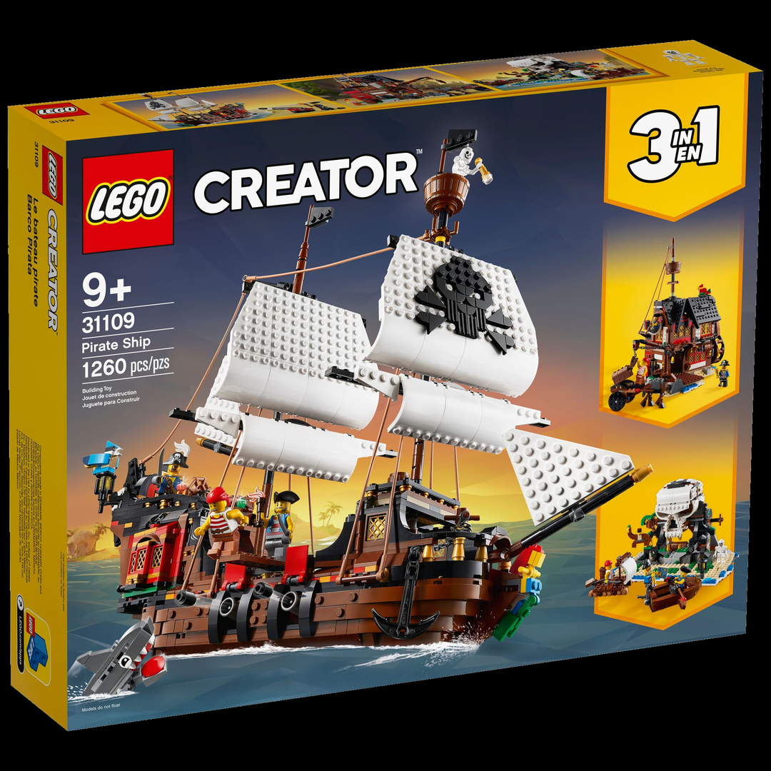 LEGO Creator 3-in-1 Pirate Ship 31109 — front of box on black background