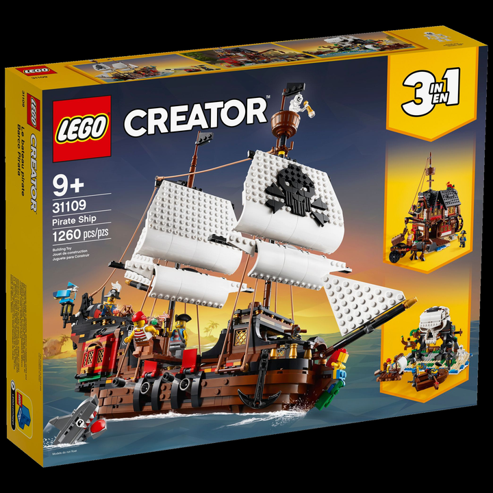 LEGO Creator 3-in-1 Pirate Ship 31109 — front of box on black background