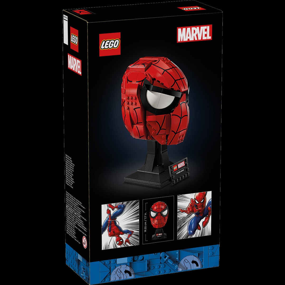 LEGO Marvel 76285 Spider-Man’s Mask back of box on full black background