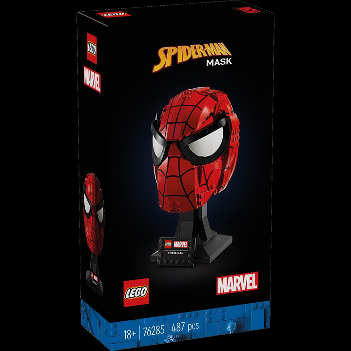 LEGO Marvel 76285 Spider-Man’s Mask front of box on full black background