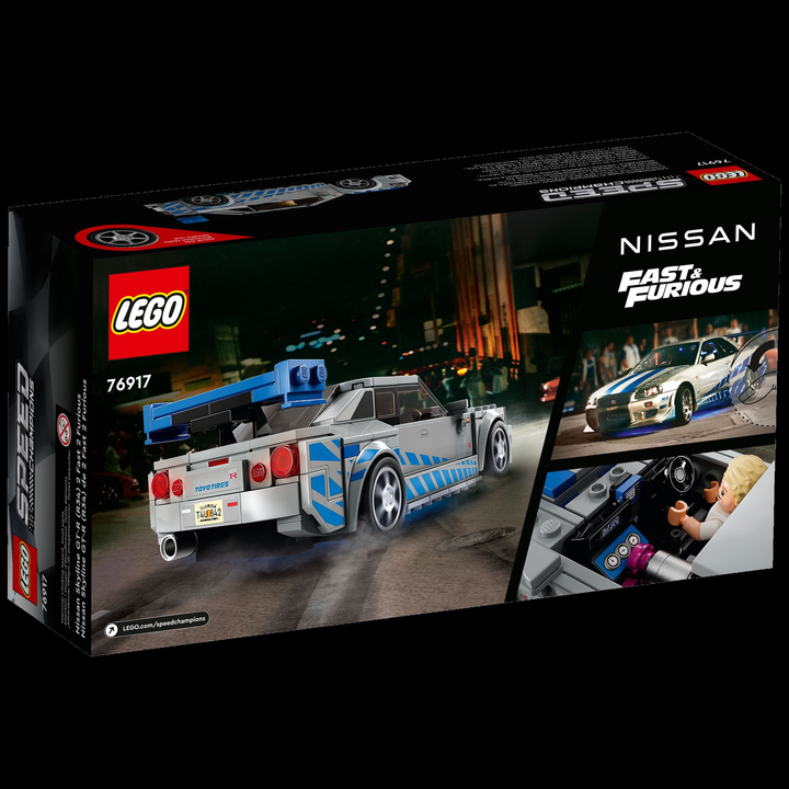 LEGO Speed Champions 2 Fast 2 Furious Nissan Skyline GT-R (R34) 76917 — back of box on black background