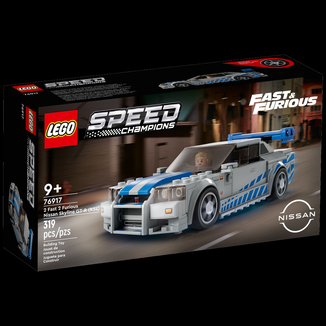 LEGO Speed Champions 2 Fast 2 Furious Nissan Skyline GT-R (R34) 76917 — front of box on black background