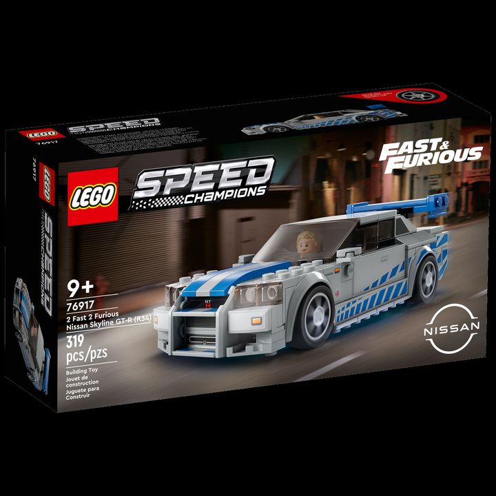 LEGO Speed Champions 2 Fast 2 Furious Nissan Skyline GT-R (R34) 76917 — front of box on black background