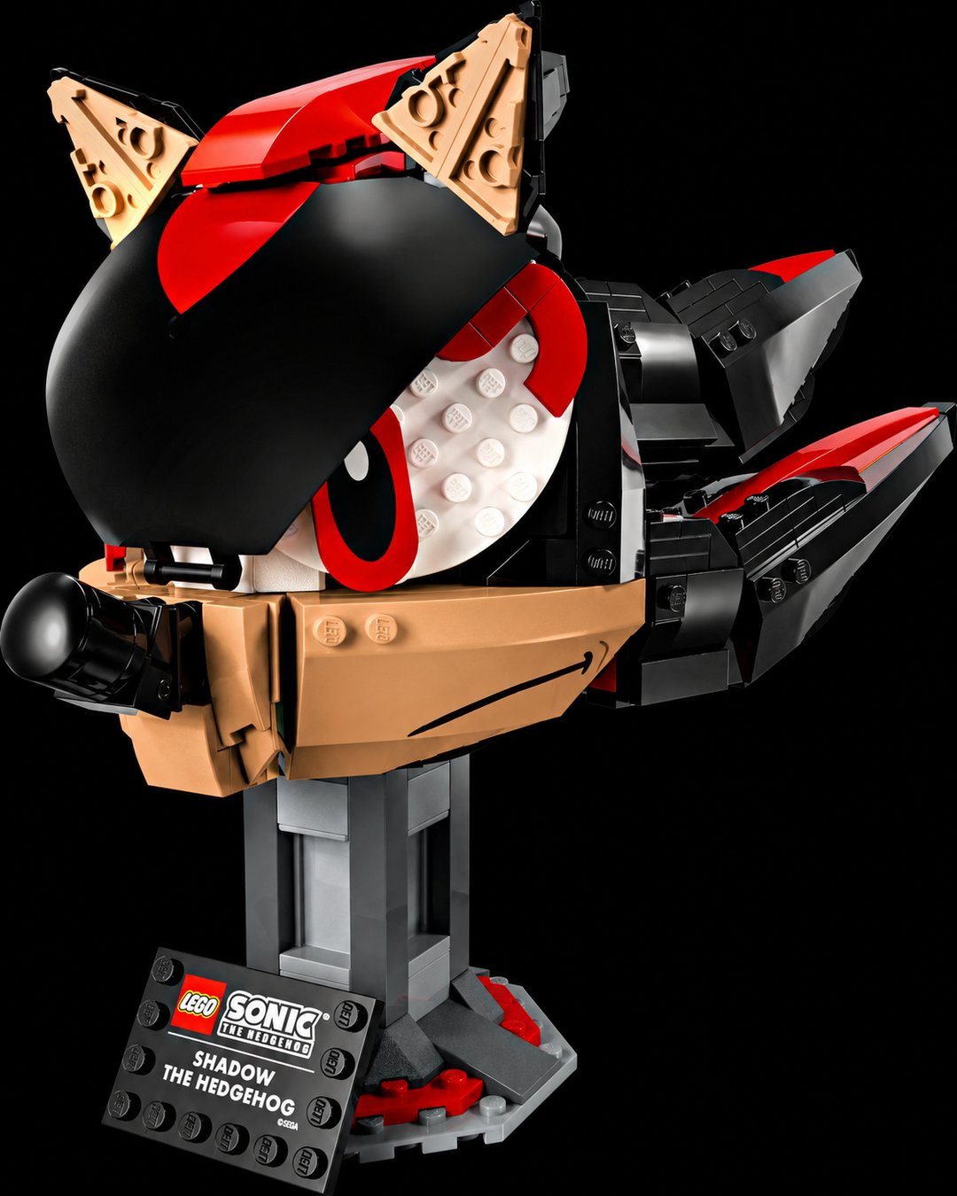 LEGO 77000 Shadow the Hedgehog display model angled view on black background