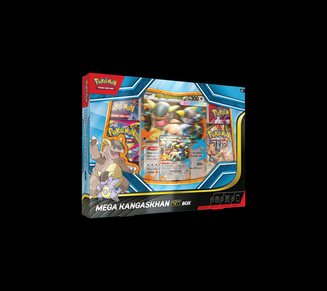 Mega Kangaskhan ex Box retail packaging, centered at half scale on solid black background