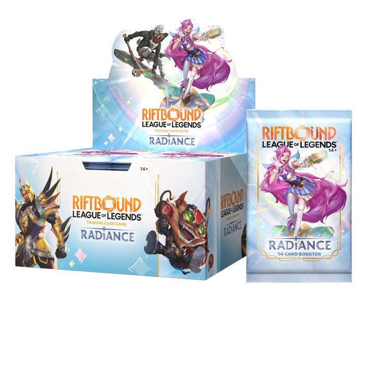 Riftbound Radiance booster display next to individual pack