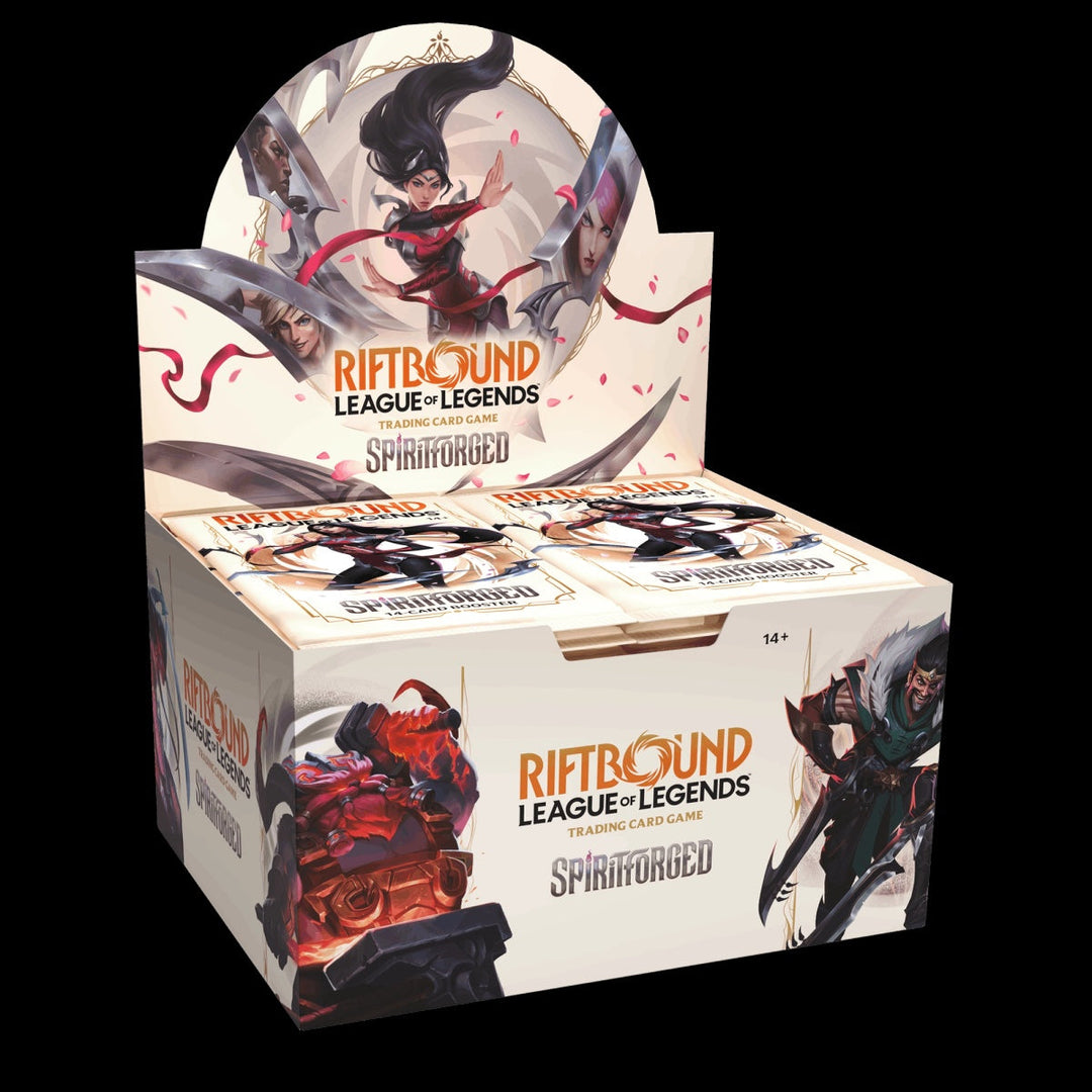 Official Riftbound spiritforged booster display product photo on clean black background
