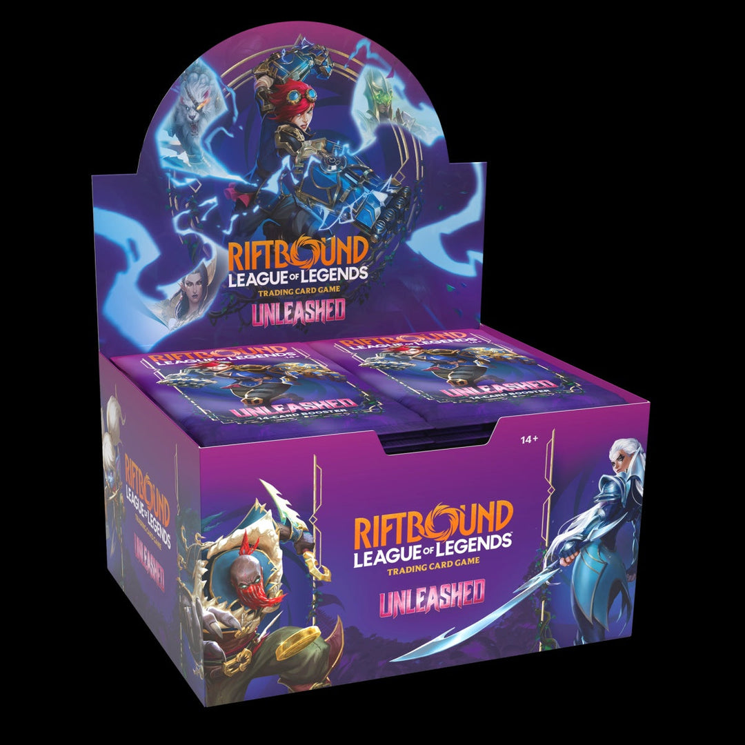 Official Riftbound unleashed booster display product photo on clean black background