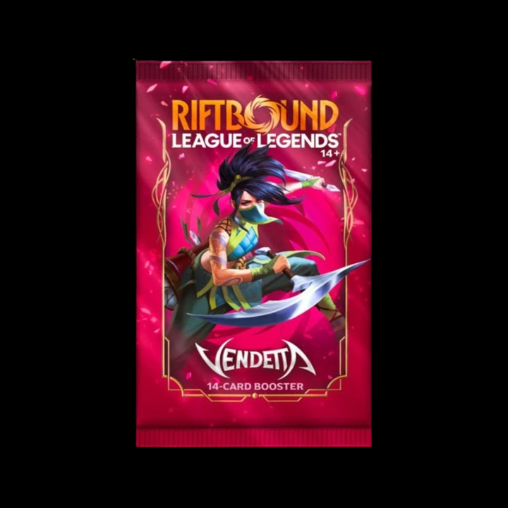 Riftbound Vendetta 14-card booster pack against black background; 24 packs included per display