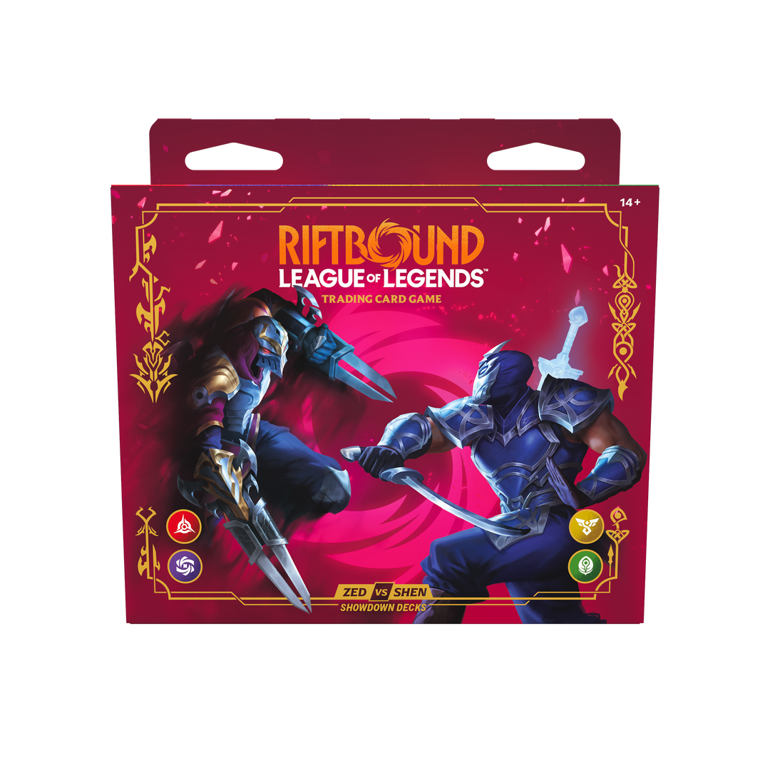 Official front of Riftbound Vendetta Zed vs Shen Showdown Decks box containing two starter decks